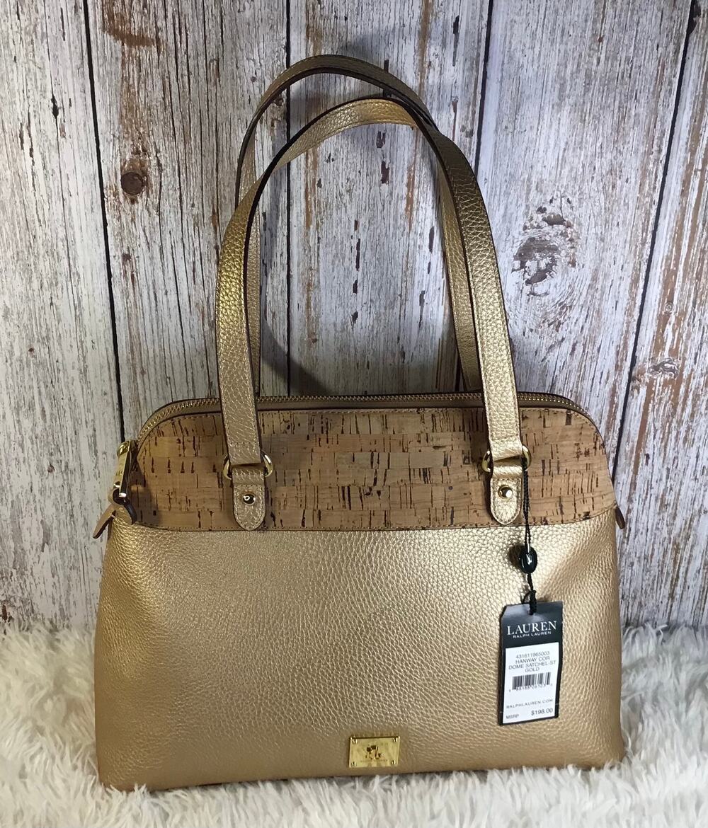 Lauren by Ralph Loren Hanway Gold Leather and Cork Dome Satchel NWT